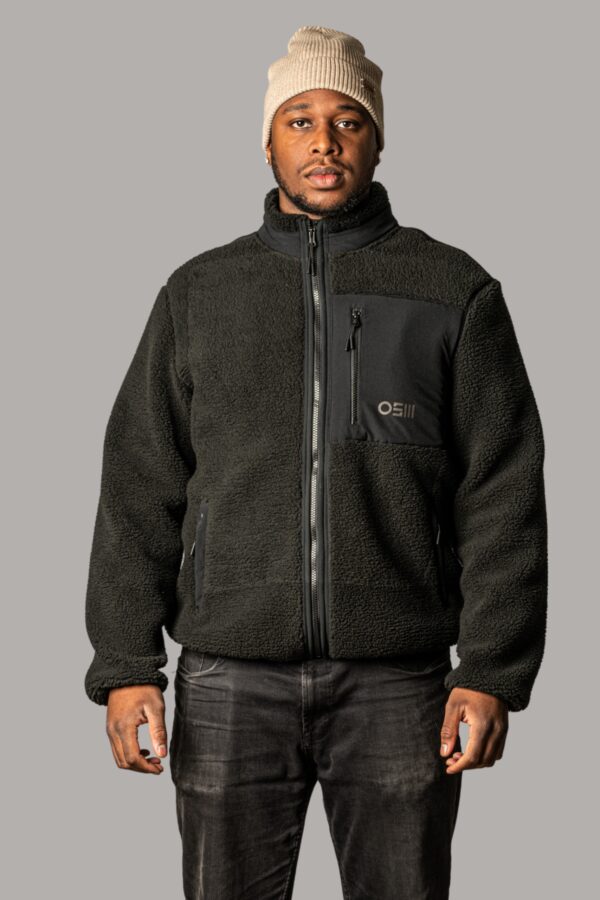 teddyjacke osm in schwarz, close up kombi mit beanie unisex